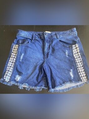 Designer Cladia Rabelo Blue Denim Distressed Fringe Shorts size 14